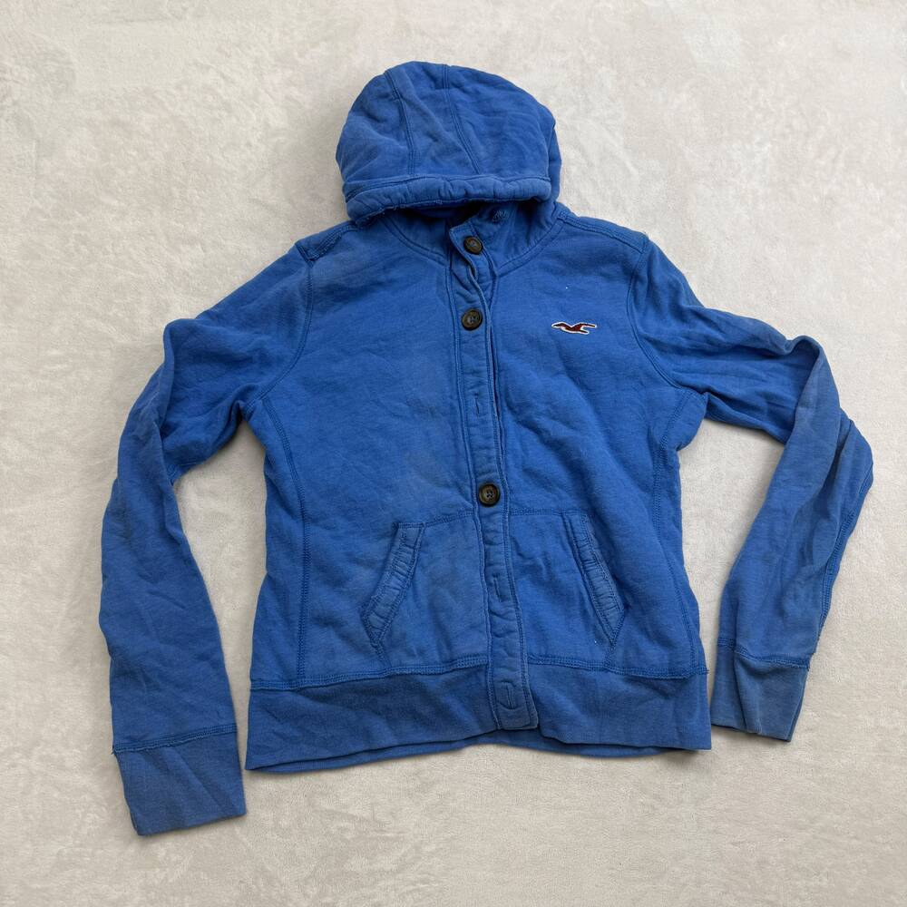 Hollister Women's Button Up Sherpa Lined Hoodie Blue Size L Faux Fur Warm Jacket